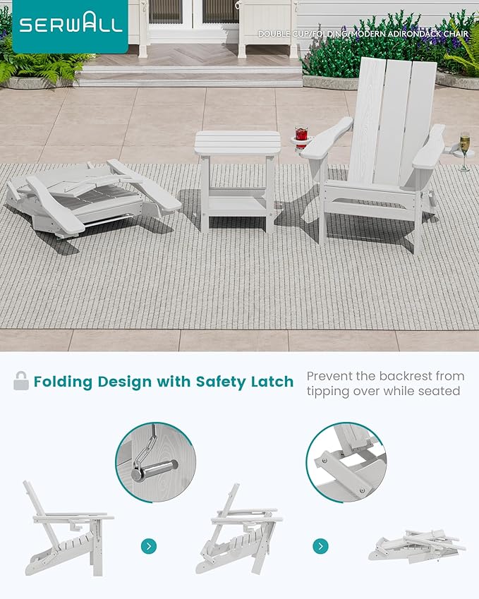 SERWALL Modern Folding Adirondack Chair Set of 8, Weather Resistant HDPE Outdoor Adirondack Chair with Cup Holders, Fire Pit Chairs for Patio Lawn Garden, White