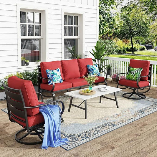 MFSTUDIO 4 Pieces Patio Conversation Sets(5 Seat), Outdoor Metal Furniture Sofa Set with 1 Loveseat(3 Seat), 2 Swivel Chairs, 1 Coffee Table, Steel Frame Patio Set with Burgundy Red Cushion for Patio
