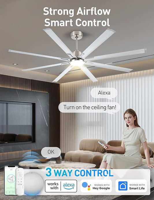 72 Inch Ceiling Fan with Light,Industrial Ceiling Fan with 8 Black Aluminium Blades,Smart Fan Compatible with Alexa,Garage Outdoor Indoor Fan for Patio and Living Room