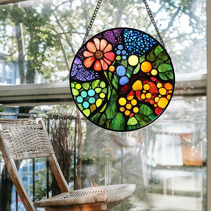 QZQCBLC Stained Glass Window Hanging Red Flowers Green Blue Orange Dots 9.8" - Suncatcher Door Garden Sun Catcher Home Decor Birthday Christmas for Mom Men Woman Nana