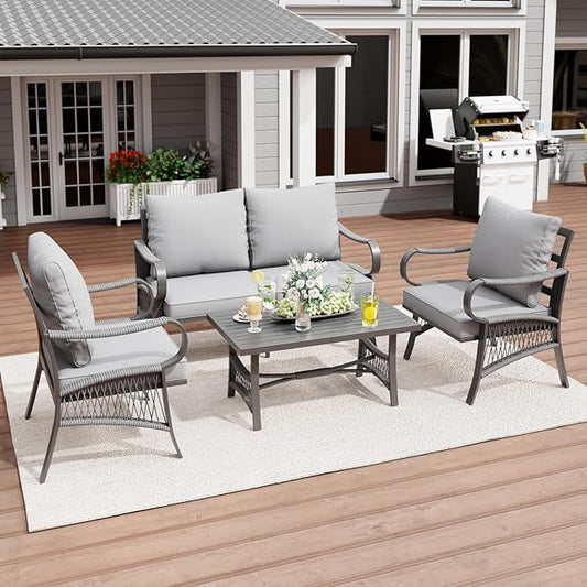 4 Piece Patio Furniture Set, All Weather Outdoor Sectional Sofa Conversation Set with Thick Cushions and Metal Coffee Table for Garden, Porch, Lawn, Grey