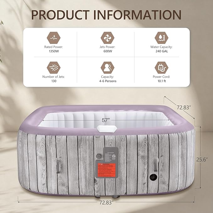UHOMEPRO Inflatable Hot Tub Spa Set, Outdoor Bubble Massage Portable Hot Tubs with 130 Soothing Jets, Insulated Cover, Internal Heater Pump, 6 Filter Cartridges