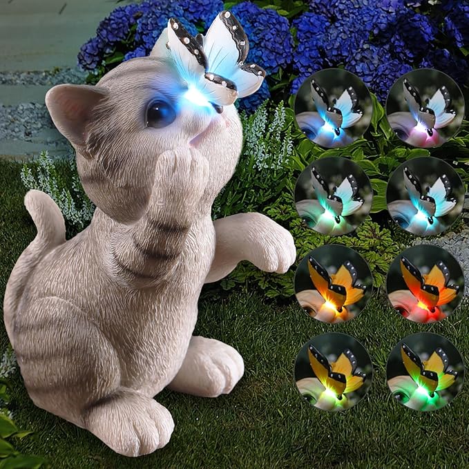 halp·ssfm Cat Garden Statue Outdoor Solar Decorations Butterfly Light Figurine Color Changing LED Lights Resin Sculpture Art Decor Patio Lawn Yard Housewarming Gifts for Women Grandma Mom