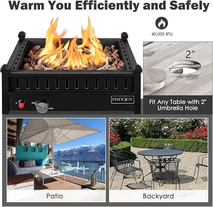 Tangkula Portable Tabletop Propane Fire Pit, Patiojoy 40,000 BTU Table Top Fireplace with Simple Ignition System, Adjustable Flame, Square Propane Firepit Bowl for Outdoors, Fit 2" Umbrella Hole Table