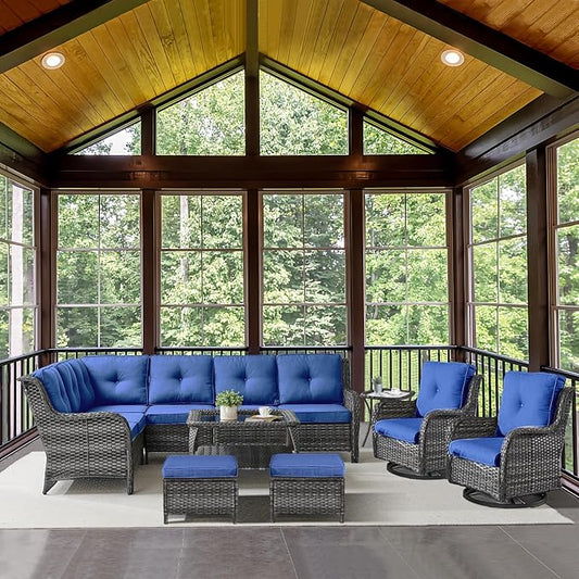 Belord Outdoor Furniture Sectional Sofa L Shaped Couch - Patio Wicker Set with 2 Swivel Glider Chairs, 8 Piece Rattan Patio Conversation Sets with Blue Cushion for Deck Backyard Sunroom