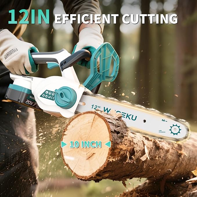 Wugeku 12" & 10" Electric Chainsaw Cordless, 20V Brushless Battery Chainsaws with 2 x 4.0AH Batteries - 4 x Chains, Auto Oiler, Tool-Free Chain Tension, Safety Lock