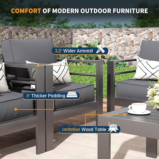 UDPATIO 10 Piece Aluminum Patio Furniture Set with Wicker Fire Pit Table,Mordern Outdoor Furniture Set with Water-Proof Cover Included, Dark Grey