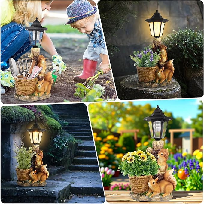 YEPOTUE Solar Squirrels Outdoor Statues, Garden Sculptures with Flowerpot Decor & Solar Lantern for Yard Art Lawn Ornaments Porch Patio Balcony - Birthday Gifts for Women Mom
