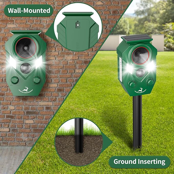 2 Packs Solar Ultrasonic Animal Repeller Device with PIR Sensor Detection, Waterproof Deer Repellent Device Outdoor for Deer, Squirrels, Cats, Dogs, Raccoons, Rabbits, Skunks, Foxes & More