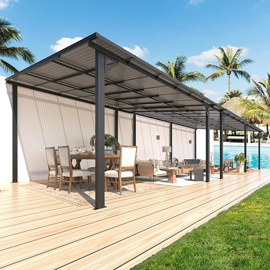 AECOJOY 32' x 12' Gazebo for Patio, Large Wall-Mounted Hard Top Lean-to Gazebo Pergola with Roof 12' x 32' on Clearance, Heavy Duty Patio Awnings for Decks, Backyard