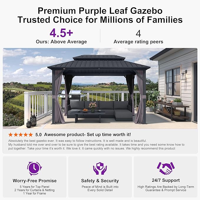 PURPLE LEAF 8' X 12' Permanent Hardtop Aluminum Gazebo with Double Galvanized Steel Roof Removable Netting Curtains and Ceiling Hooks for Patio Lawn Backyard Deck Garden Grey