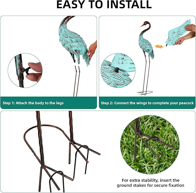 Ultym 47.5" Extra-Large Blue Heron Decor, Handcrafted Metal Crane Statues with Stable U-Ground Stakes, Backyard Decoration, Metal Garden Bird Animal Yard Art, Lawn Ornament
