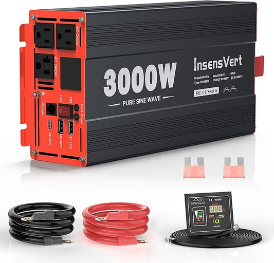 3000W Pure Sine Wave Inverter, Car Power Inverter 12V to 120V AC Converter for RV, Truck, Solar, Outdoor with Dual AC and 20A Socket, 18W+30W USB, PD60W, Surge 6000W, Remote Control(3000W-12V)