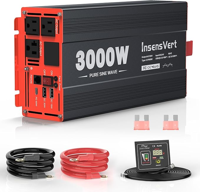 3000W Pure Sine Wave Inverter, Car Power Inverter 12V to 120V AC Converter for RV, Truck, Solar, Outdoor with Dual AC and 20A Socket, 18W+30W USB, PD60W, Surge 6000W, Remote Control(3000W-12V)