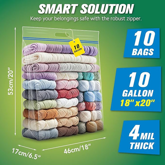 HIBAG 10 Gallon Large Storage Bags, 18” x 20” Resealable Clear Bags with Handle, Extra Large XL Heavy Duty for Clothes Pillow Travel Moving, Pack of 10