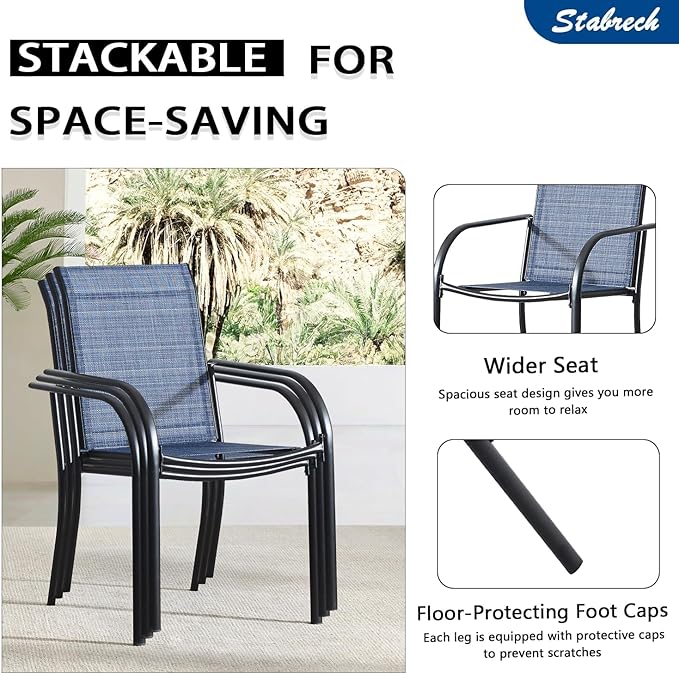 5 Pieces Patio Dining Set for 4, Blue Patio Stackable Chairs and Honey Oak Round Table Set of 4, Outdoor Furniture Set with Sling Support for Outside, Garden