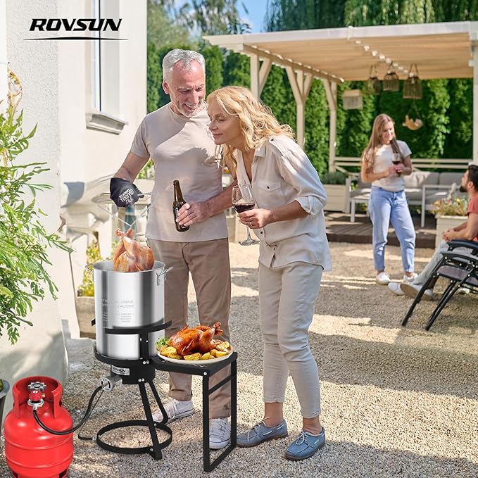 ROVSUN 30QT Turkey Fryer & 10QT Fish Fryer Kit, 55000BTU Propane Stove with Shelf, Aluminum Outdoor Deep Fryer & Seafood Boiler Steamer w/Baskets, Thermometer, Marinade Injector, Turkey Rack & Lifter
