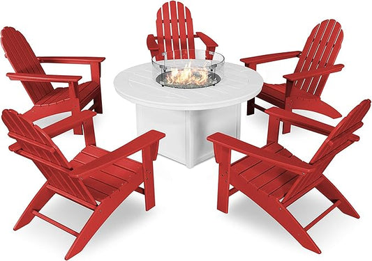 POLYWOOD® Vineyard Adirondack 6-Piece Chat Set with Fire Pit Table in Sunset Red/White