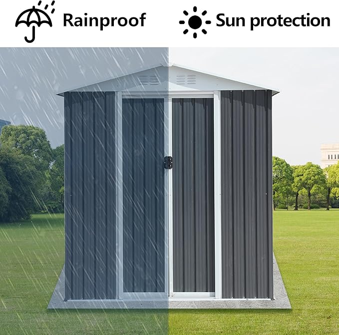 6x4 FT Outdoor Storage Shed with Base,Tool Shed with Sloped Roof and Lockable Door, Weather Resistant Metal Shed for Backyard Garden Patio Lawn,Grey