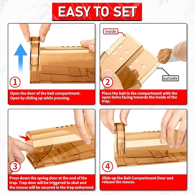 LULUCATCH Humane Mouse Traps 2 Pack, Live Mouse Traps, Catch and Release Mouse Traps Indoor for Home, Reusable with Cleaning Brush, No Kill Mole Squirrel Rat Traps for House & Outdoors, Pet Safe