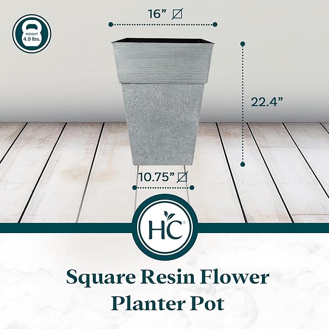 The HC Companies 22 Inch Avino Tall Square Planter - Decorative Indoor Outdoor Plant Pot for Front Porch, Deck, Patio and Home, Oxidized Black