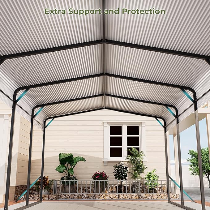 Lyromix 12x20 FT Outdoor Metal Carport, Heavy Duty Carport with Galvanized Steel Roof and 4 Support Feet, Extra Large Car Port Garage Shelter for Car, Boat and Tractor