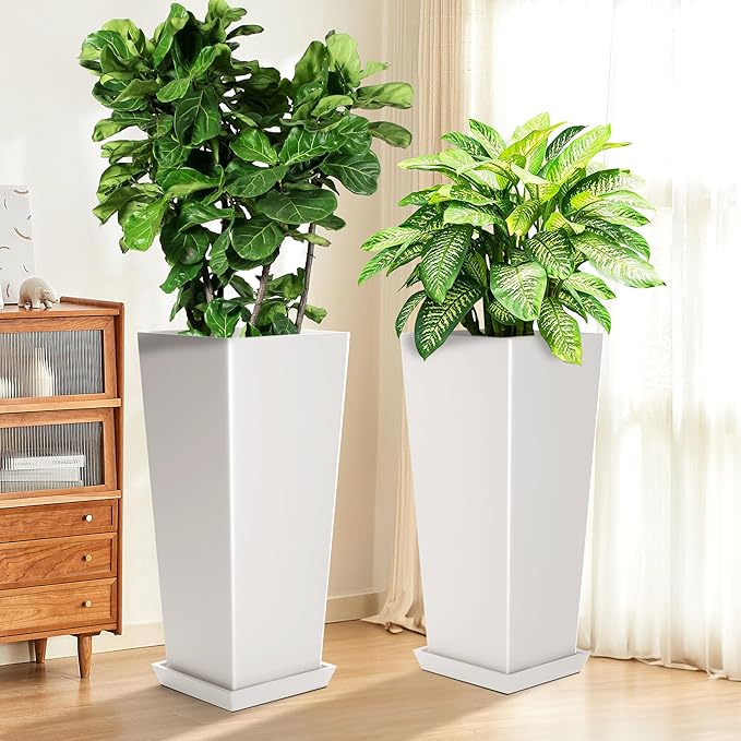 Set of 4 24" Tall Plastic Planters with Trays, Large Tapered Plant Pots for Indoor Outdoor Use, Modern Decorative Planters for Porch, Patio, Garden, and Backyard