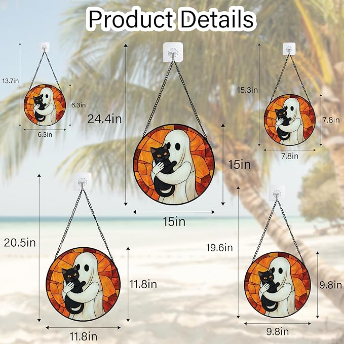 CRISGIF Stained Glass Window Hanging - Halloween Decorations White Ghost Black Cat Suncatcher for Doors Garden Spooky Funny Orange Sun Catchers Gothic Decor Horror Gifts for Women Men Friend 9.8 in