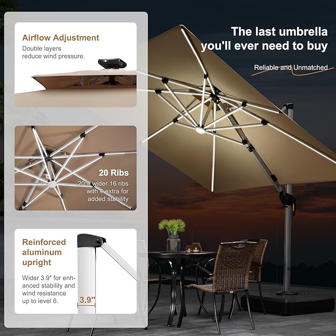 PURPLE LEAF 12 Feet Double Top Deluxe Solar Powered LED Square Patio Umbrella Light Patio Umbrella Outdoor Cantilever Umbrella with Lights, Beige