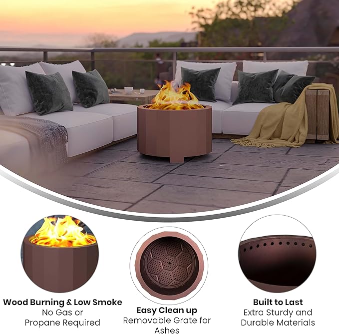 Flash Furniture Titus Commercial Grade Wood Burning Smokeless Outdoor Firepit - Bronze Finish - 27 inches - Portable - Waterproof Cover