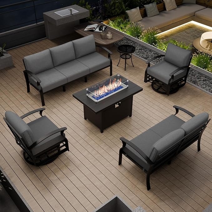 Aluminum Patio Furniture Set with Fire Pit Table, 7 Seats Patio Outdoor Conversation Set with Swivel Chair Modern Metal Patio Sectional Sofas with Upgrade Cushions for Patio, Backyard (Grey)