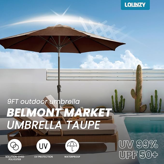 LOUNZY 9FT Large Outdoor Patio Umbrella Table Umbrella-UV Resistant,Easy Push Button Tilt and Crank,8 Sturdy Fiberglass Ribs Pool Umbrella for Patio,Backyard,Deck,Yard,Market