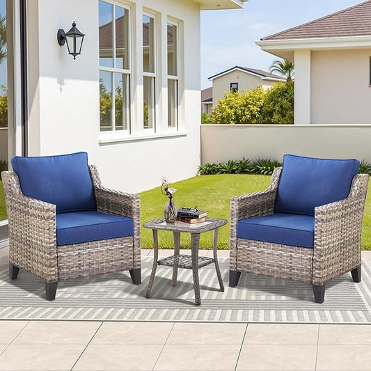 3 Pieces Patio Furniture Sets-Outdoor PE Rattan Wicker Chairs with Thickened Cushion and Glass Coffee Table,All Weather Patio Conversation Set for Garden Backyard Porch Deck Grey/Blue