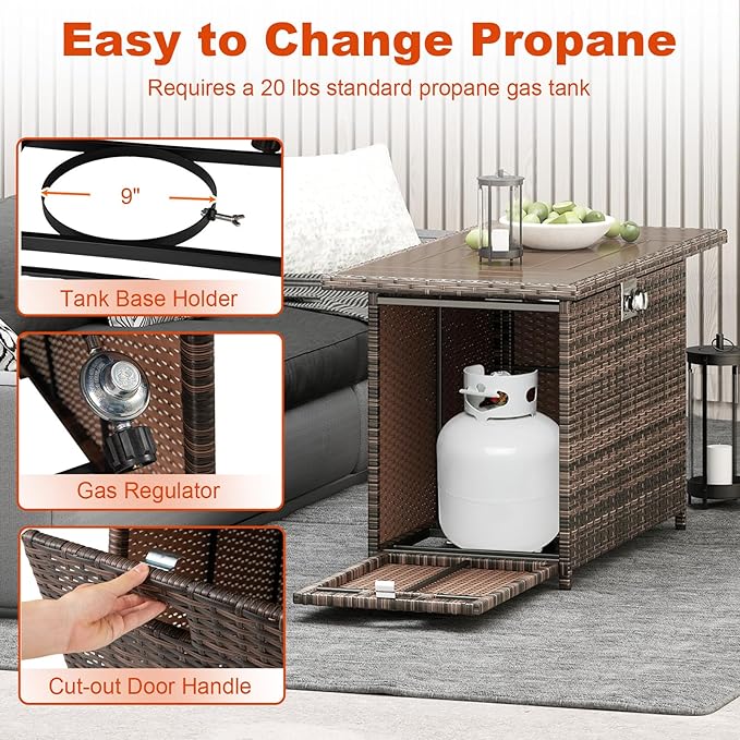 Tangkula 44.5 Inch Propane Fire Pit Table, Outdoor Rattan Gas Firepit with Metal Slatted Tabletop & Stainless Steel Burner, Rectangle Fire Pit with Lava Rocks & Protective Cover for Outside Patio