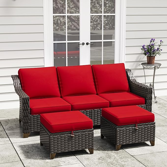 3 Pieces Outdoor Conversation Furniture Set - 77" Patio Sofa, 2 Rattan Wicker Ottomans, Patio Wicker Couch Set with Water-Resistant and Washable Cushions for Sunroom, Deck, Porch (Red)