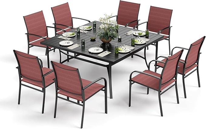 9 Pieces Patio Table and Chairs Set, Patio Dining Set for 8, 8 Red Textilene Chairs and 1 Large Square Patio Dining Table with Umbrella Hole, for Deck Backyard Lawn Poolside