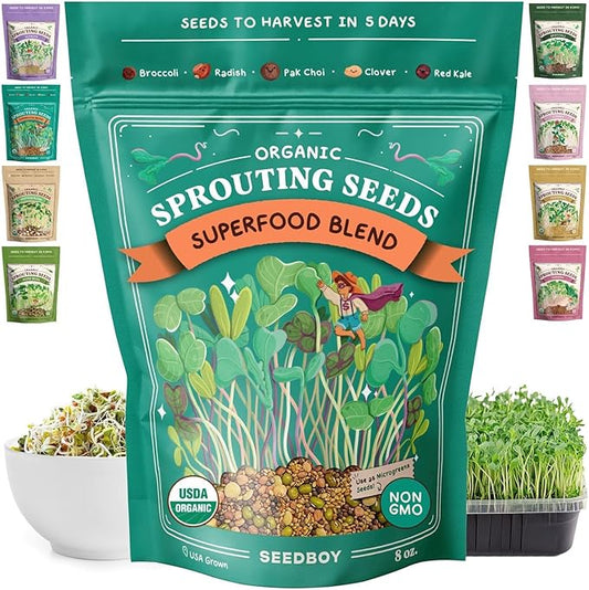 Seedboy Organic Non-GMO Sprouting Seeds, Superfood Blend - USA Grown Microgreens Mix with Broccoli, Radish, Pak Choi, Clover, Red Kale - 8 oz Makes 8 Quarts / 24 Servings (Superfood Blend)