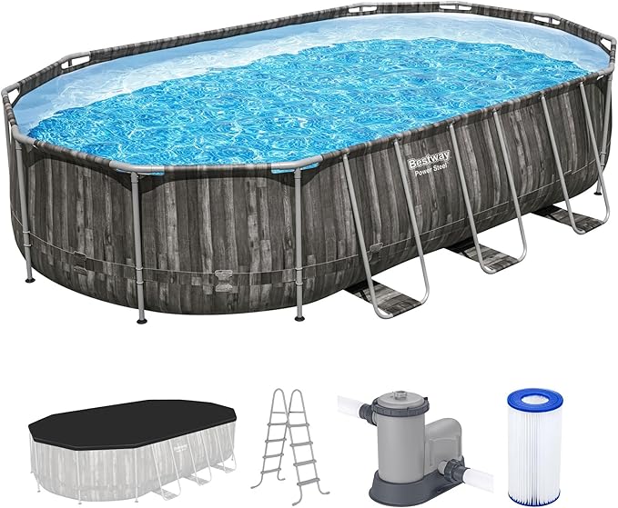 Bestway Power Steel 20' x 12' x 48" Oval Metal Frame Above Ground Outdoor Swimming Pool Set with 1500 GPH Filter Pump, Ladder, and Pool Cover