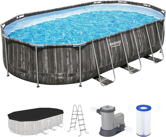 Bestway Power Steel 20' x 12' x 48" Oval Metal Frame Above Ground Outdoor Swimming Pool Set with 1500 GPH Filter Pump, Ladder, and Pool Cover
