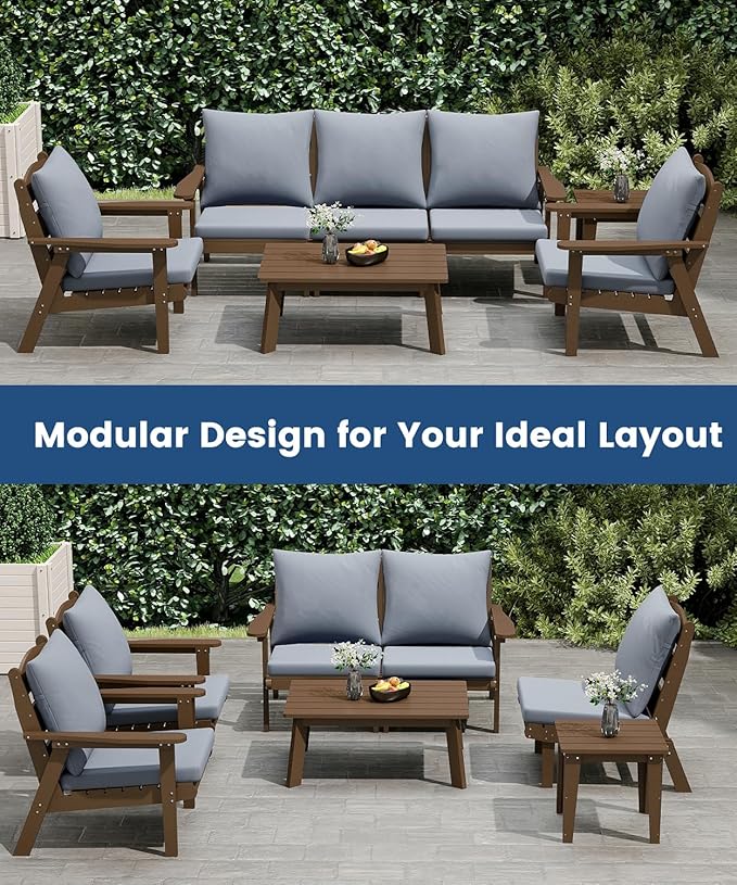 FOOWIN 4-Piece Patio Furniture Set, HDPE All-Weather Outdoor Conversation Set with Thick Cushions, Sectional Patio Sofa Furniture for Deck, Porch, Lawn, Garden, Brown Frame & Grey Cushion
