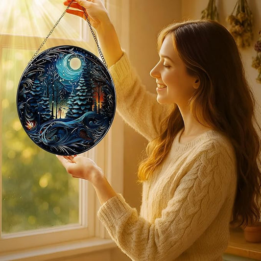 8-Inch Starry Night Forest Suncatcher Ornament, Stained Glass Window Hanging & Stained Glass Holiday Ornament, Sun Catcher Window Decor — Magical Gift for Nature Lovers, Gifts for Christmas & Holidays