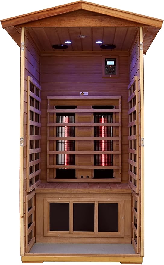 LTCCDSS Outdoor Ceramic Sauna 1 Person, Mahogany Far Infrared Sauna, Low EMF Sauna Room for Home, Chromotherapys | Bluetooth Speakers | Mahogany West African (45.7 * 39.4 * 79.5 inch)