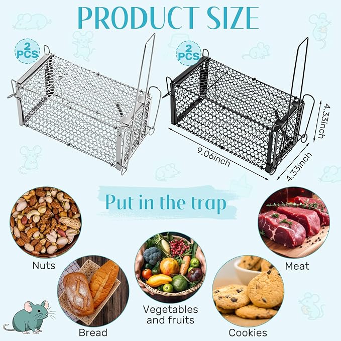 Qualirey 4 Pcs Humane Rat Trap Chipmunk Squirrel Cage Trap Foldable Rodent for Small Live Animal Voles Hamsters Catch and Release for Kitchen Yard Garage Indoors Outdoors (Black,Silver)
