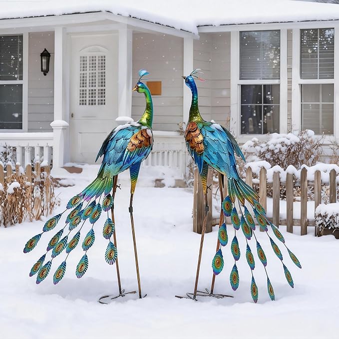 Ultym 32" Tall Metal Peacock Garden Statue, Handmade Oversized Couple Peacock Sculptures with Anchor Ground Stakes, Iron Ornament Yard Art Decor for Garden, Patio, Entryway Porch, or Home Space.