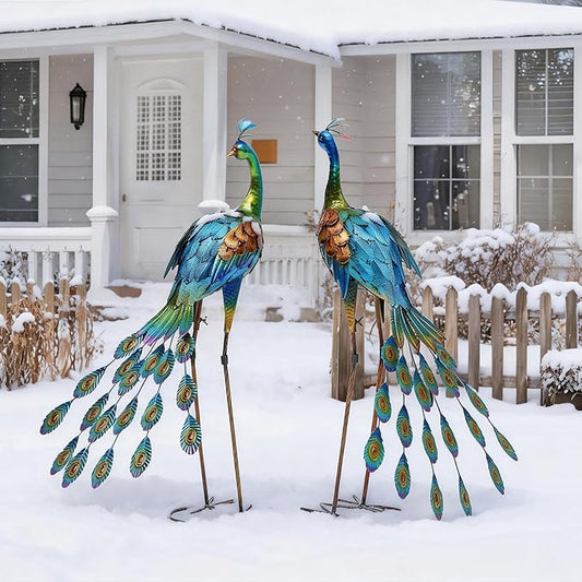 Ultym 32" Tall Metal Peacock Garden Statue, Handmade Oversized Couple Peacock Sculptures with Anchor Ground Stakes, Iron Ornament Yard Art Decor for Garden, Patio, Entryway Porch, or Home Space.