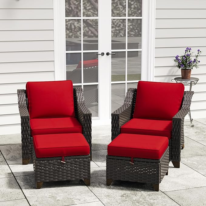 4 Pieces Patio Conversation Furniture Set - 2 Chairs with Ottomans Set of 2, Outdoor Wicker Armchairs with Water-Resistant and Washable Cushions for Porch, Balcony, Sunroom (Red)