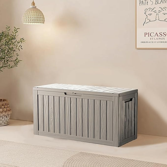 80 Gallon Resin Deck Box, Waterproof Outdoor Storage Box for Patio Furniture, Garden Tools, and Pool Accessories, Lockable UV-Resistant Storage Bin Bench Cabinet for Outside, Grey