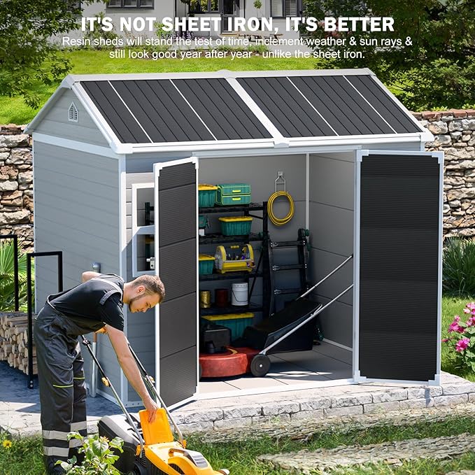 CDCASA 8x6 FT Resin Storage Shed, Waterproof Large Outdoor Sheds with Floor & Lockable Door, 2 Windows,Outside Plastic Tool Shed for Backyard, Patio, Poolside