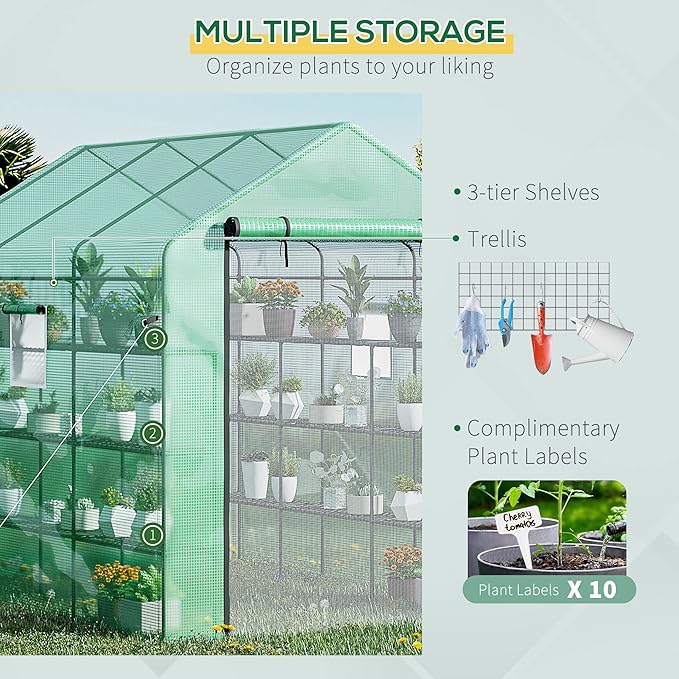 Outsunny 8' x 6' x 7' Walk-in Greenhouse, PE Cover, 4-Tier Shelves, Steel Frame Hot House, Roll-Up Zipper Door for Flowers, Vegetables, Saplings, Tropical Plants, Green