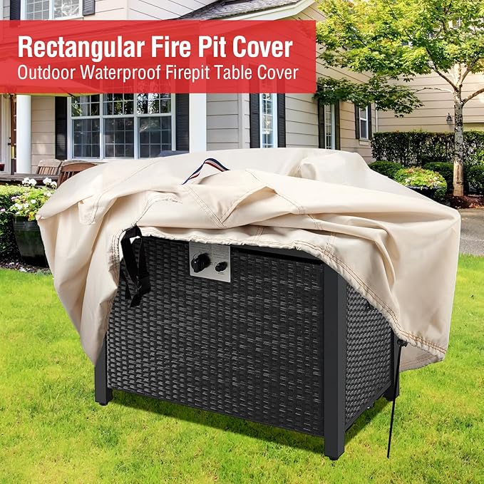 Fire Pit Cover Rectangular 44 Inch - Waterproof Outdoor Fire Table Cover Rectangle Heavy Duty, 600D Patio Propane Gas Firepit Cover Rectangular Tear Weather Resistant - 44 x 24 x 24 Inch Beige